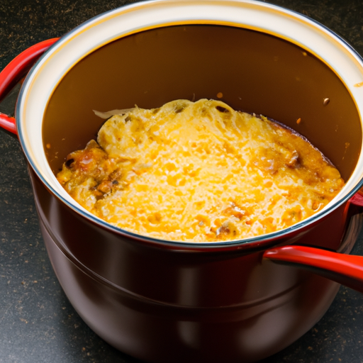 A Dutch oven filled with simmering spaghetti sauce and pasta.