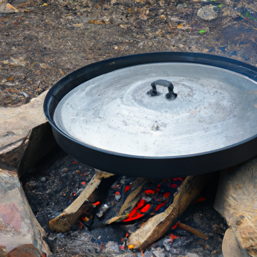 A cast iron Dutch oven placed over a campfire, ready for cooking delicious pizzas.